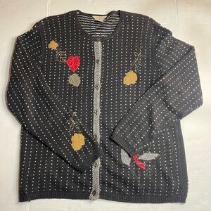 VTG Teddi Embroidery Fall Leaf Womens Cardigan Sz L Wool Blend Gray Autumn